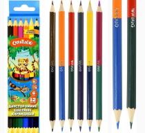 Набор цветных карандашей двухсторонние, 6 штук, 12 цветов, шестигранны