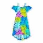 Girls Short Sleeve Palm Print Knit Cold-Shoulder Maxi Dress